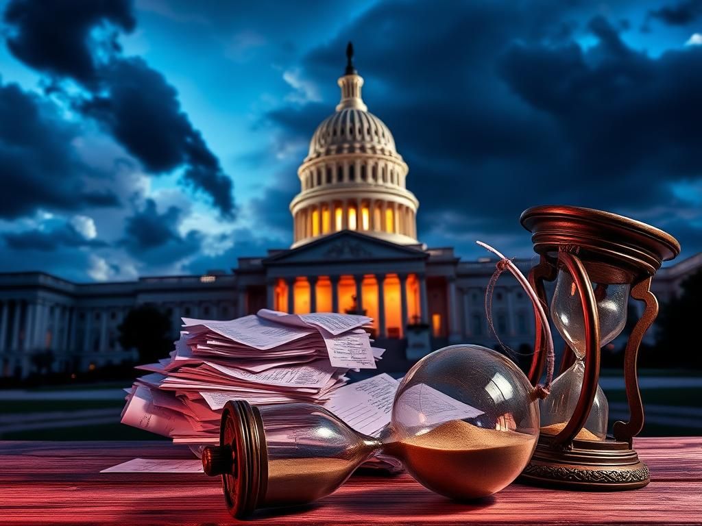 Flick International Dramatic twilight view of the U.S. Capitol with clock tower and hourglass representing urgency
