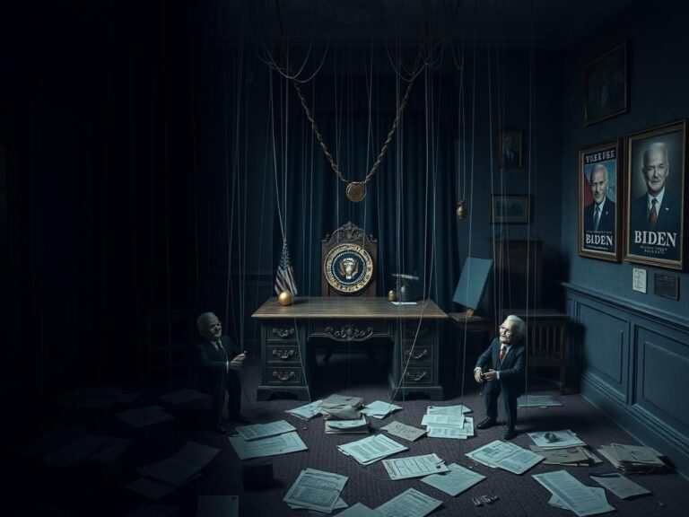 Flick International Shadowy room with puppets and intricate strings representing hidden power dynamics in the Biden White House