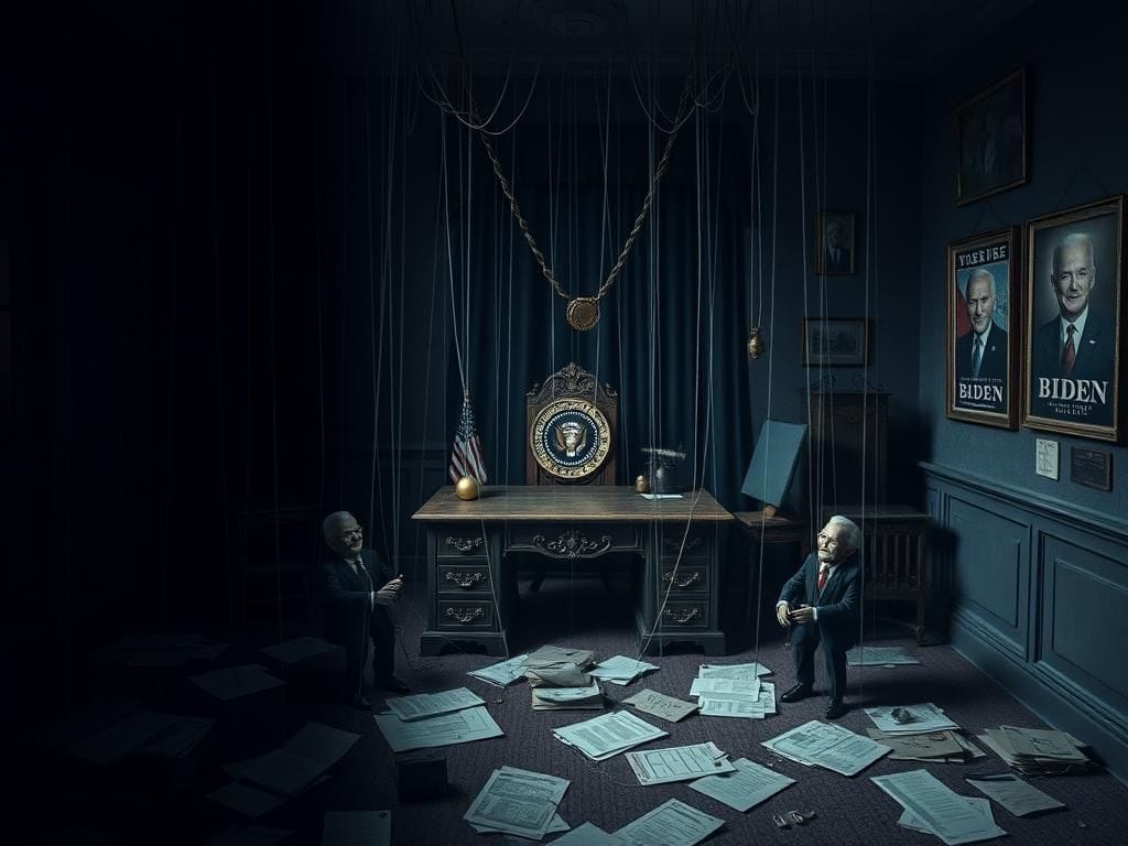 Flick International Shadowy room with puppets and intricate strings representing hidden power dynamics in the Biden White House