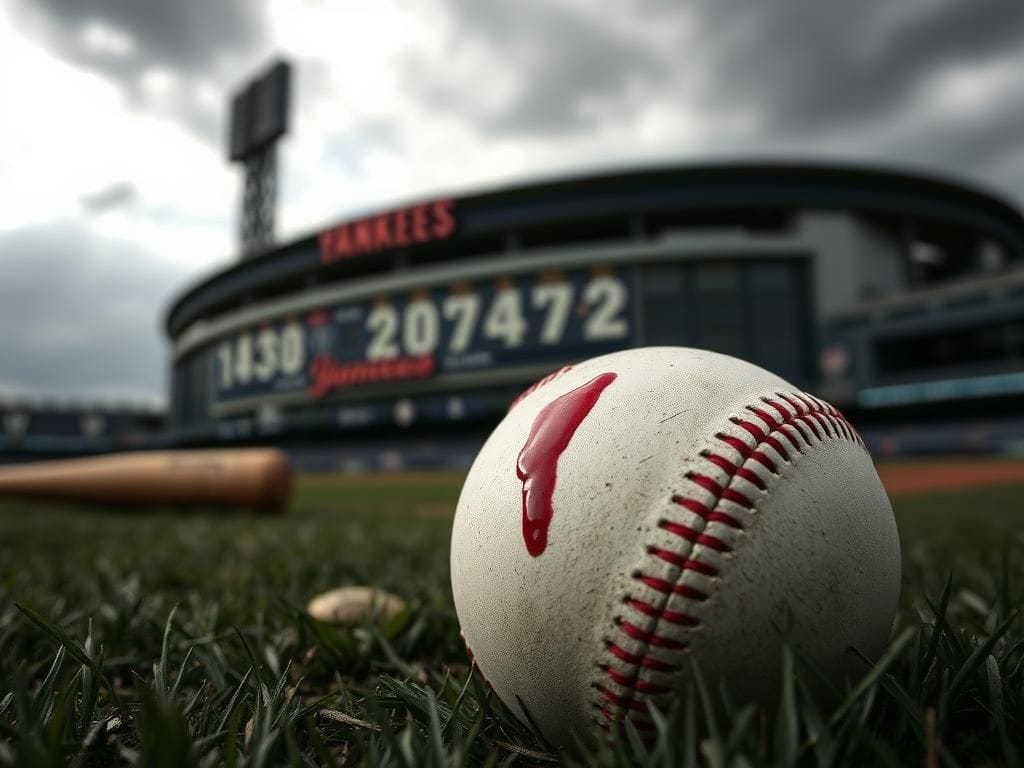 Flick International Close-up of a scuffed baseball on the ground, symbolizing an injury at Yankee Stadium