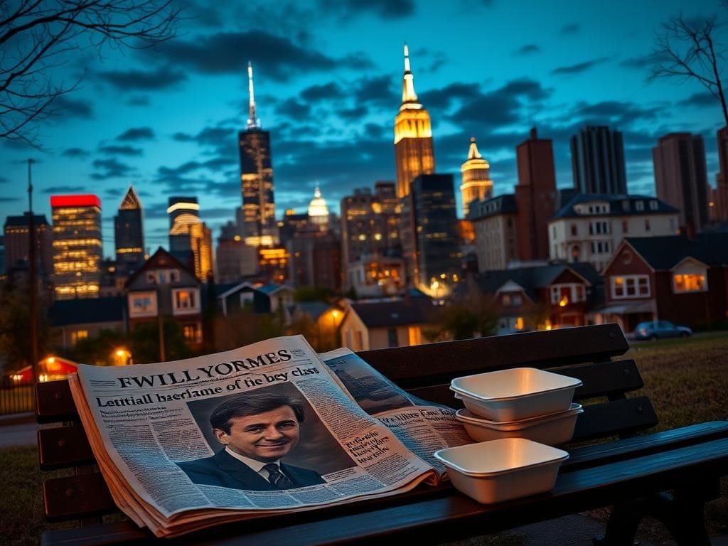 Flick International A dynamic New York City skyline at dusk, highlighting economic disparity with contrasting affluent high-rises and struggling neighborhoods.