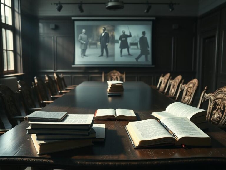 Flick International A dimly lit academic conference room with a large wooden table and empty ornate chairs, showcasing a projector screen with historical timelines.
