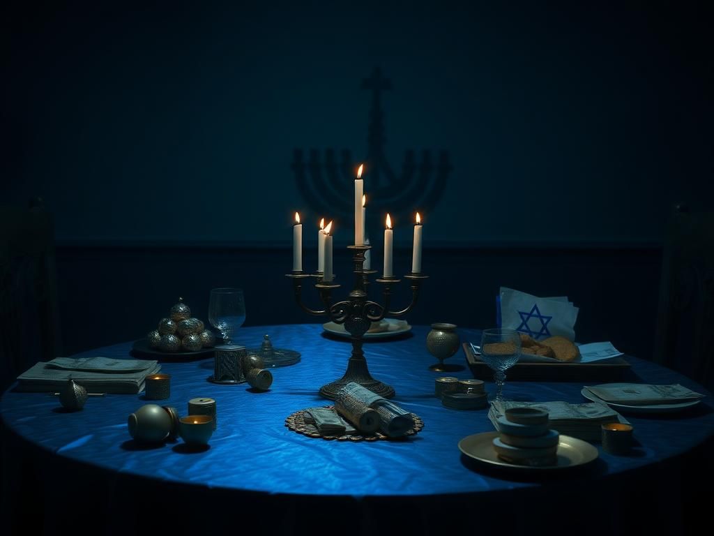 Flick International Traditional Hanukkah table setting with menorah and dreidels