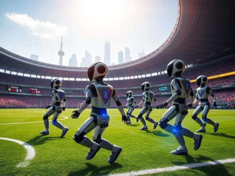 Flick International Autonomous humanoid robots competing in a vibrant soccer match