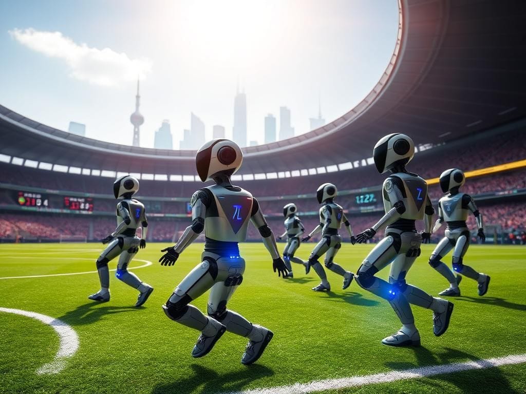 Flick International Autonomous humanoid robots competing in a vibrant soccer match