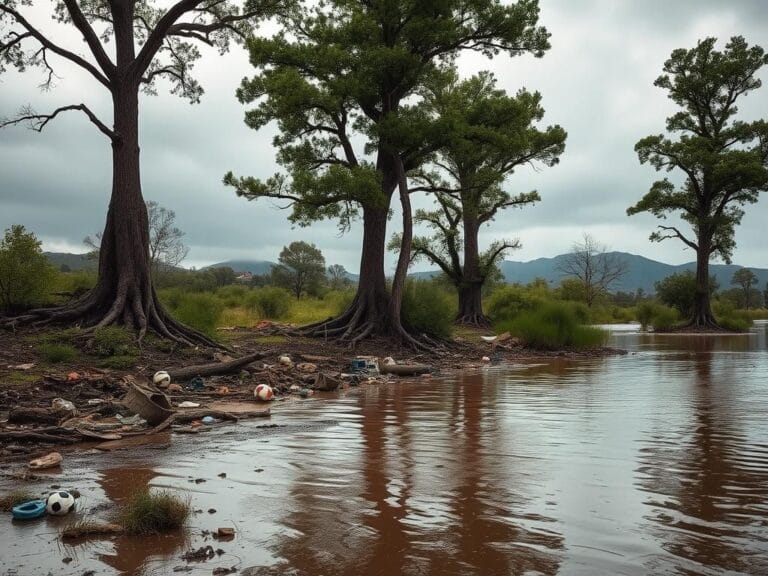 Flick International Aftermath of Texas floods showing muddy riverbank with debris and abandoned soccer gear