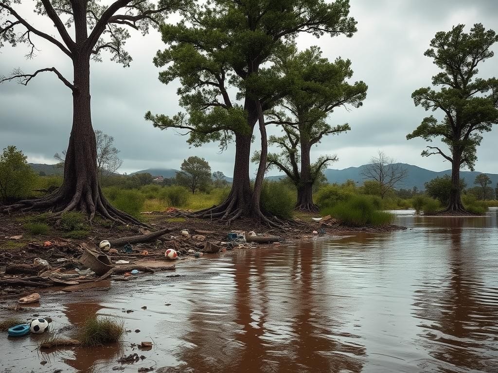 Flick International Aftermath of Texas floods showing muddy riverbank with debris and abandoned soccer gear