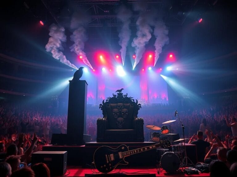 Flick International Ozzy Osbourne performing at his final concert with Black Sabbath, featuring a dramatic stage and iconic instruments.