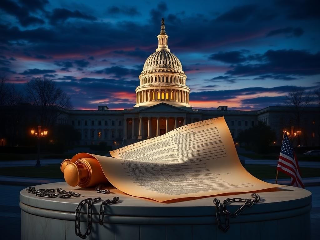 Flick International U.S. Capitol building at dusk with Trump's big, beautiful bill symbolized by a scroll