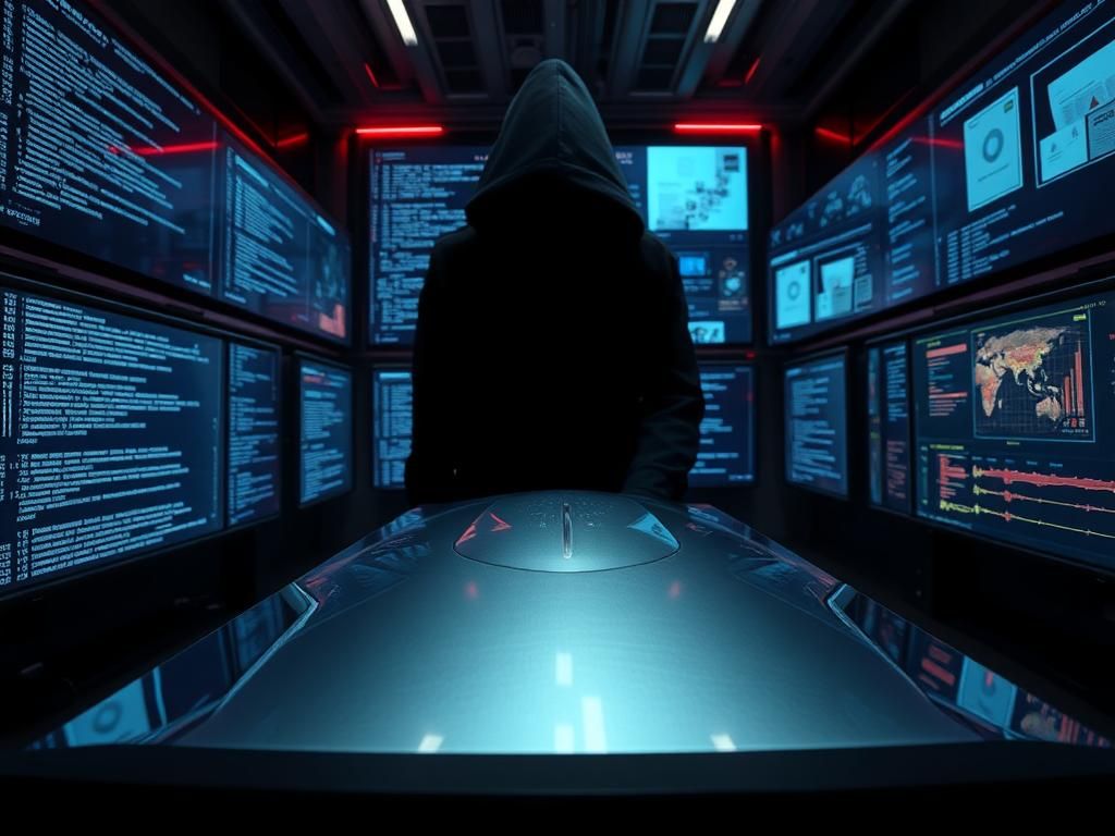 Flick International Dimly lit futuristic room with high-tech computer screens displaying AI algorithms and an ominous shadow over a metallic AI device.