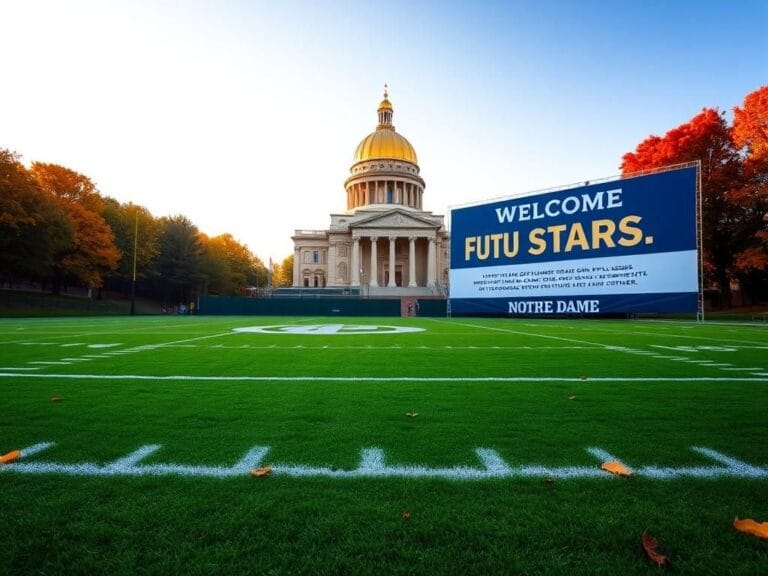 Flick International Notre Dame football field with golden dome and autumn trees