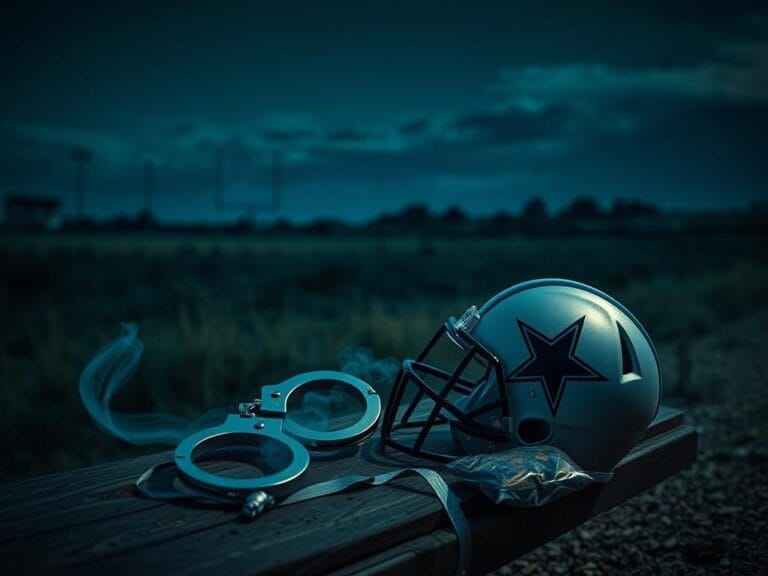 Flick International Handcuffs on a wooden bench with a Dallas Cowboys helmet in a dimly lit Texas landscape