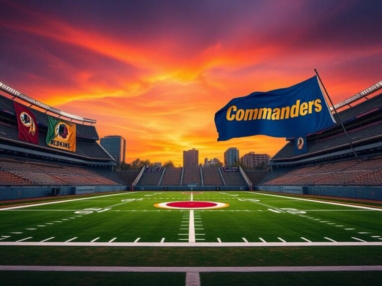 Flick International A vibrant football stadium featuring an empty field with the 'Commanders' logo, surrounded by banners representing Native American heritage and modern football themes.