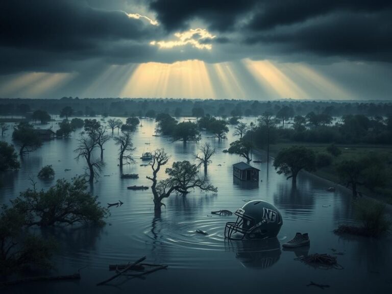 Flick International Flooded rural area in Texas with submerged trees and debris after devastating floods