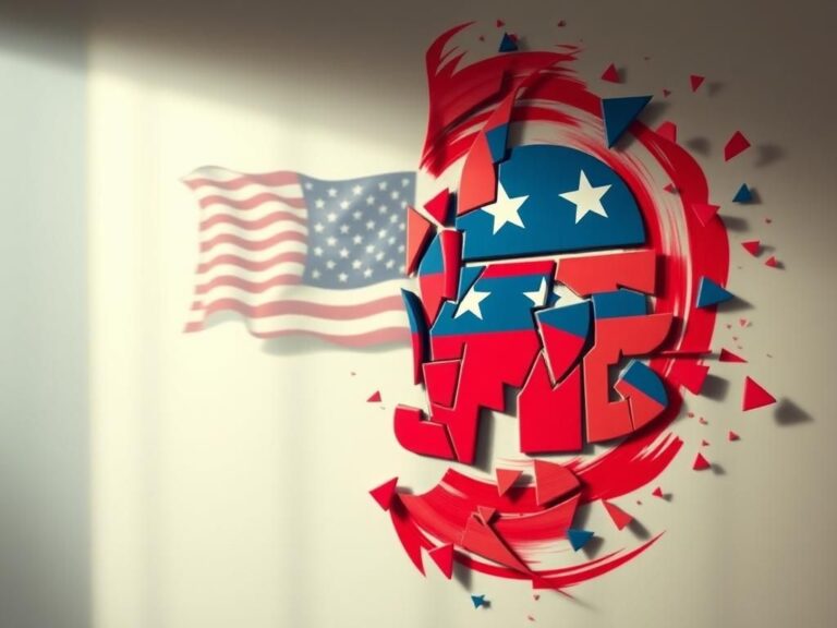 Flick International Stylized abstract representation of divided political landscape showing traditional two-party system and new America Party