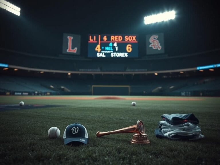 Flick International A dimly lit baseball stadium with remnants of a game, including a broken trophy and crumpled player jerseys, symbolizing team struggles.
