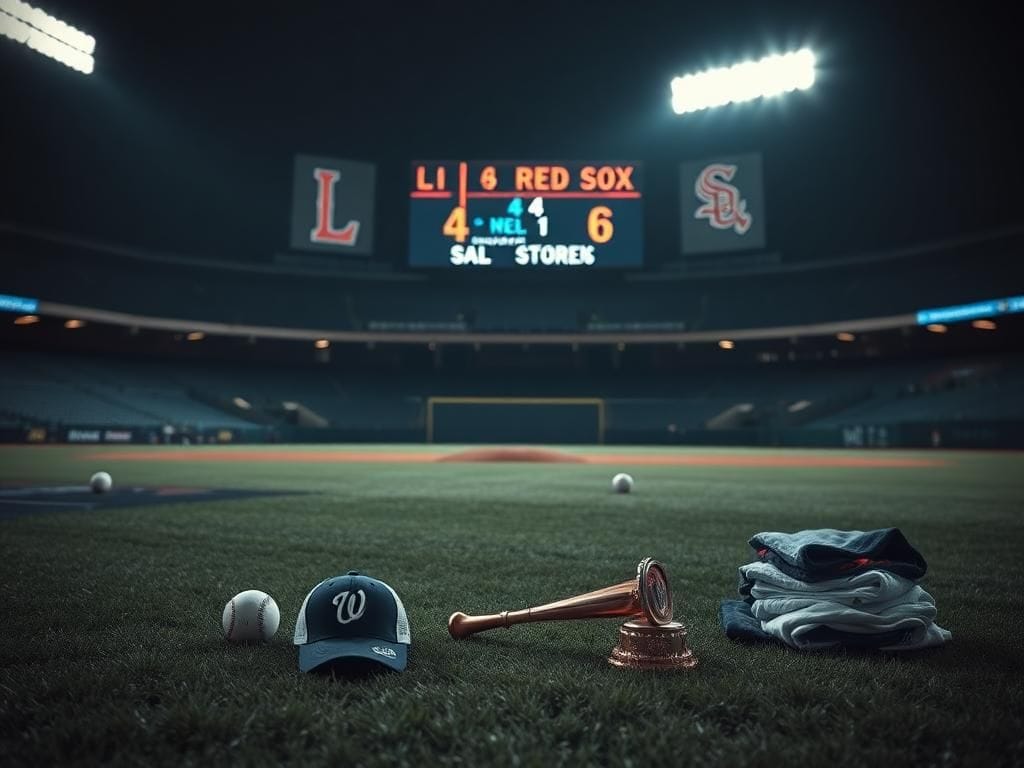 Flick International A dimly lit baseball stadium with remnants of a game, including a broken trophy and crumpled player jerseys, symbolizing team struggles.