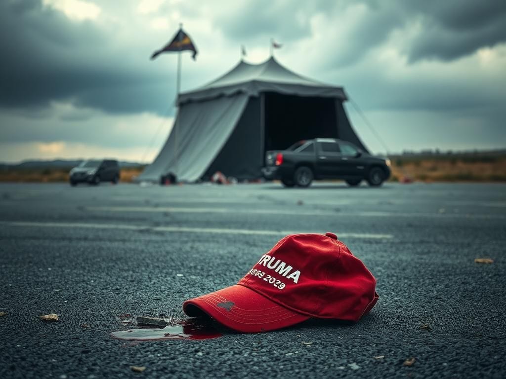 Flick International Abandoned blood-stained red MAGA cap at assassination attempt scene