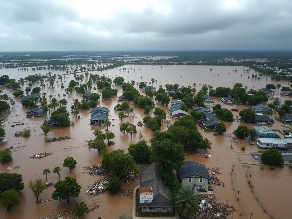 Flick International Aerial view of flooded homes and buildings in Texas after severe flash floods