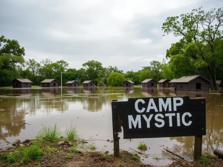 Flick International Flood-damaged Camp Mystic with submerged cabins and debris