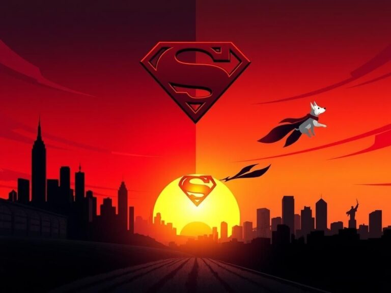 Flick International A dramatic city skyline of Metropolis at sunset with Superman's symbol in the sky