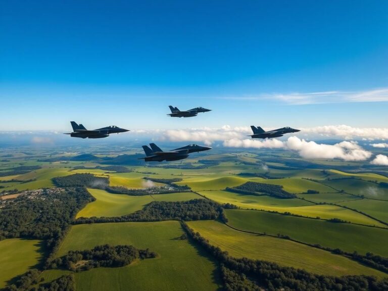 Flick International Fighter jets soaring over Bedminster, New Jersey landscape with restricted airspace signs