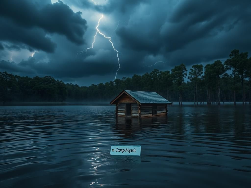 Flick International Partially submerged cabin in floodwaters at Camp Mystic, Texas