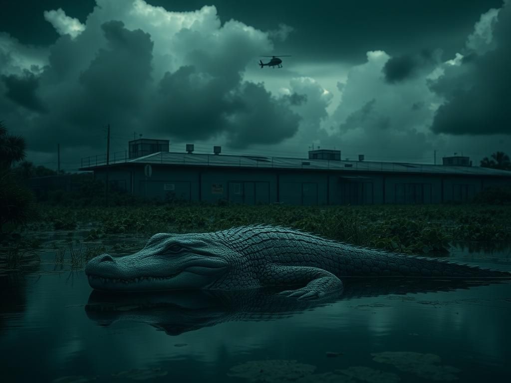 Flick International Heavily fortified immigration detention facility surrounded by swampy vegetation