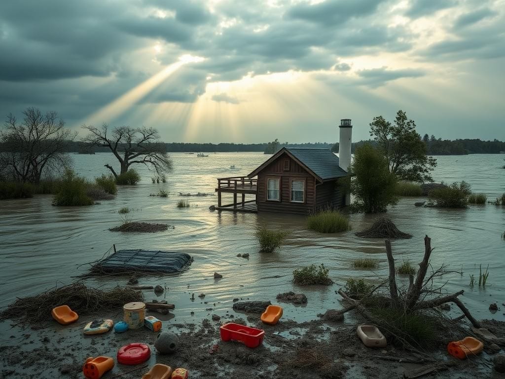 Flick International Flooded landscape with submerged summer camp cabin in Texas