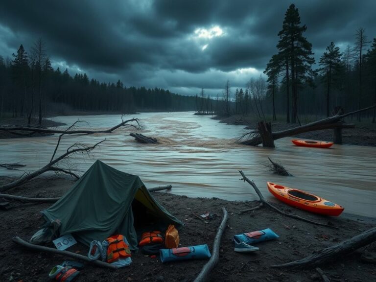 Flick International Aftermath of Texas flash flood showing a swollen river overflowing its banks near a campsite