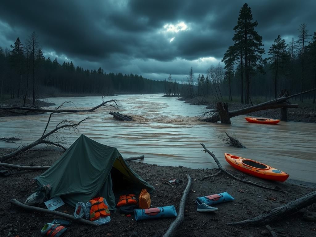 Flick International Aftermath of Texas flash flood showing a swollen river overflowing its banks near a campsite