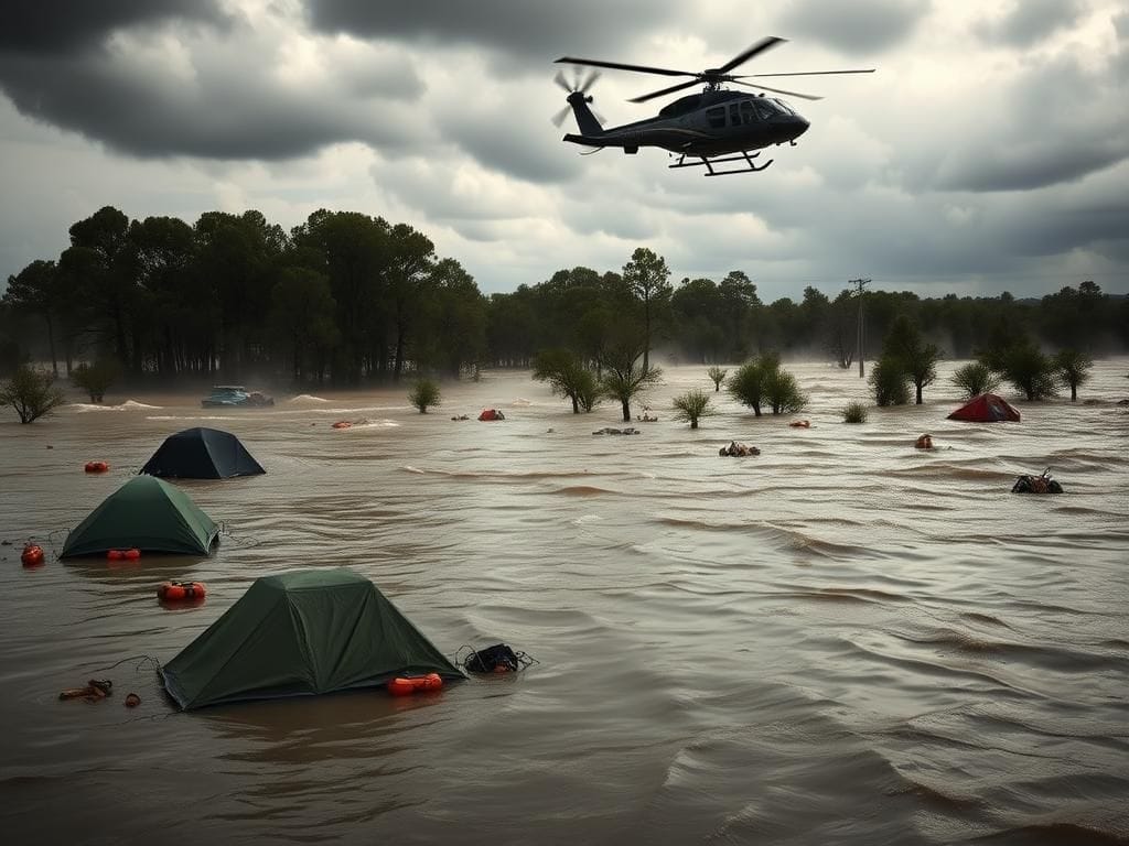 Flick International Rescue helicopter hovering over a flooded Texas landscape during catastrophic floods