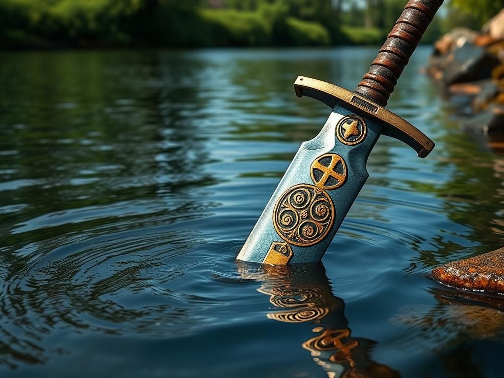 Flick International Ancient medieval sword discovered in Dutch river, showcasing intricate gold-copper symbols