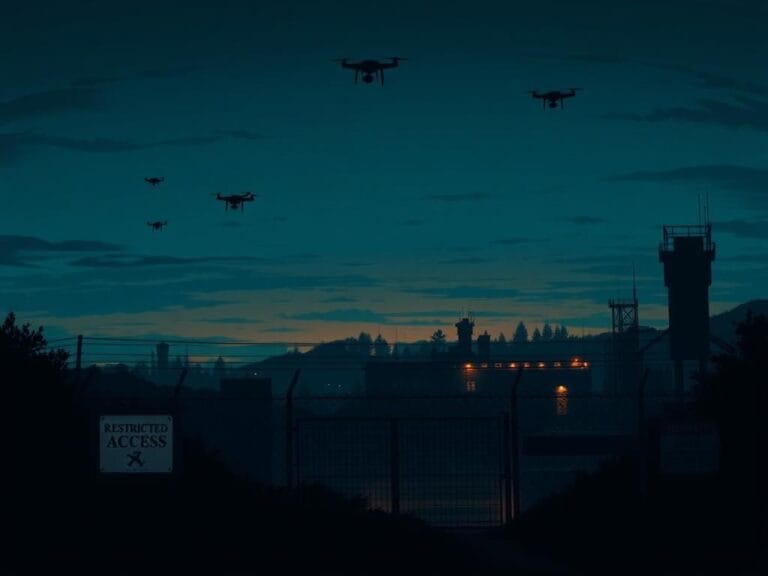 Flick International A high-security military base at dusk with a fortified perimeter and barbed wire