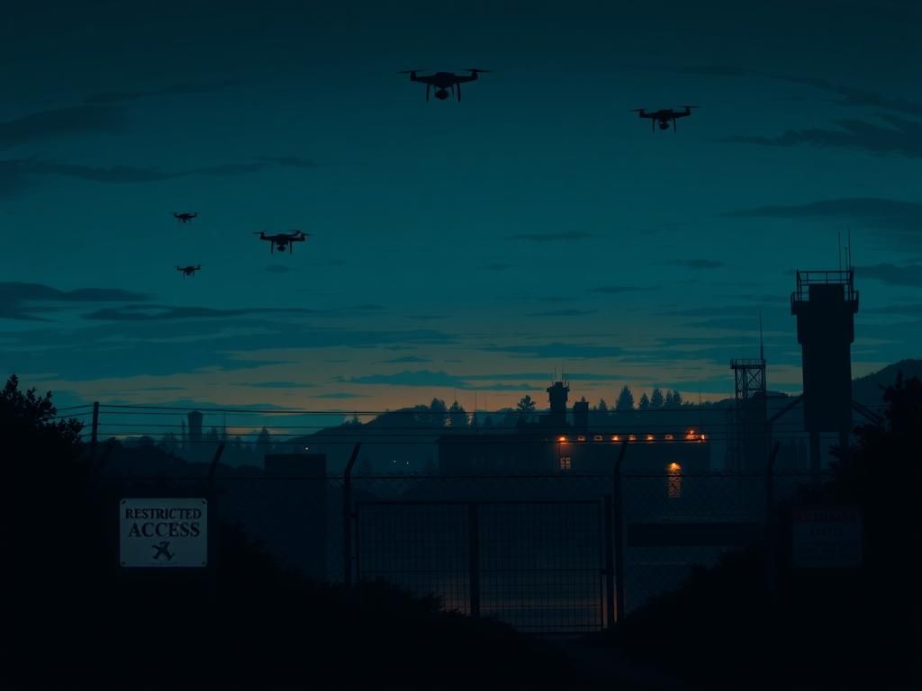 Flick International A high-security military base at dusk with a fortified perimeter and barbed wire