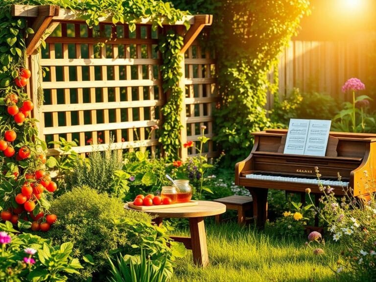 Flick International A serene garden scene showcasing a thriving vegetable patch with tomatoes and herbs