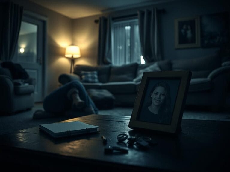 Flick International A dimly lit living room with an overturned coffee table and personal items scattered, evoking feelings of grief and loss.