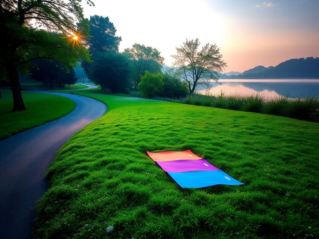 Flick International Tranquil morning landscape featuring a jogging path and yoga mats in a peaceful park at dawn.