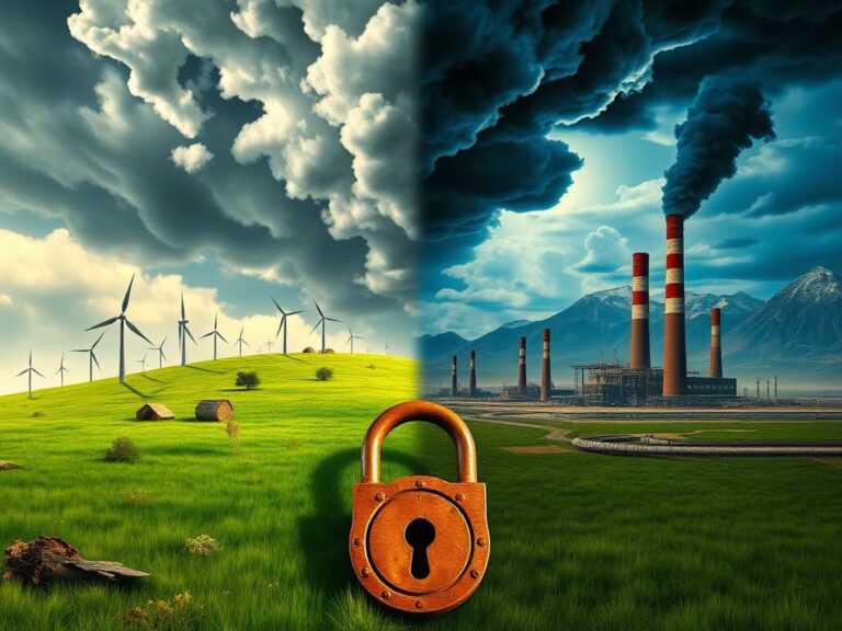 Flick International A divided landscape illustrating the conflict between renewable energy and fossil fuel dependency