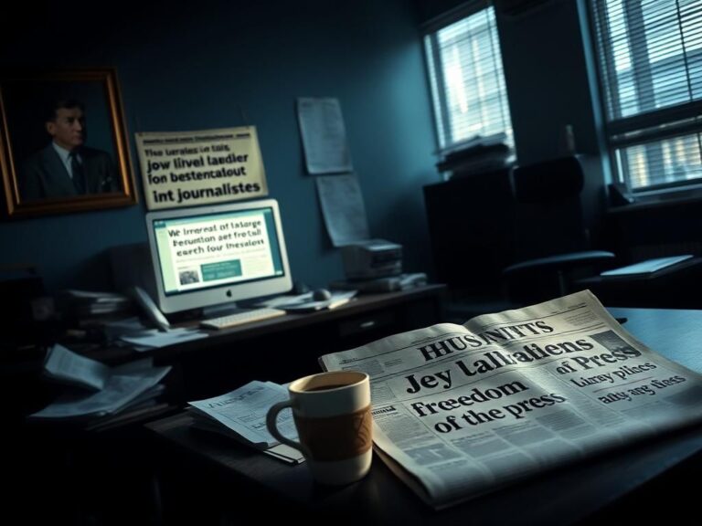 Flick International somber newsroom interior depicting a cluttered desk and glowing computer screen