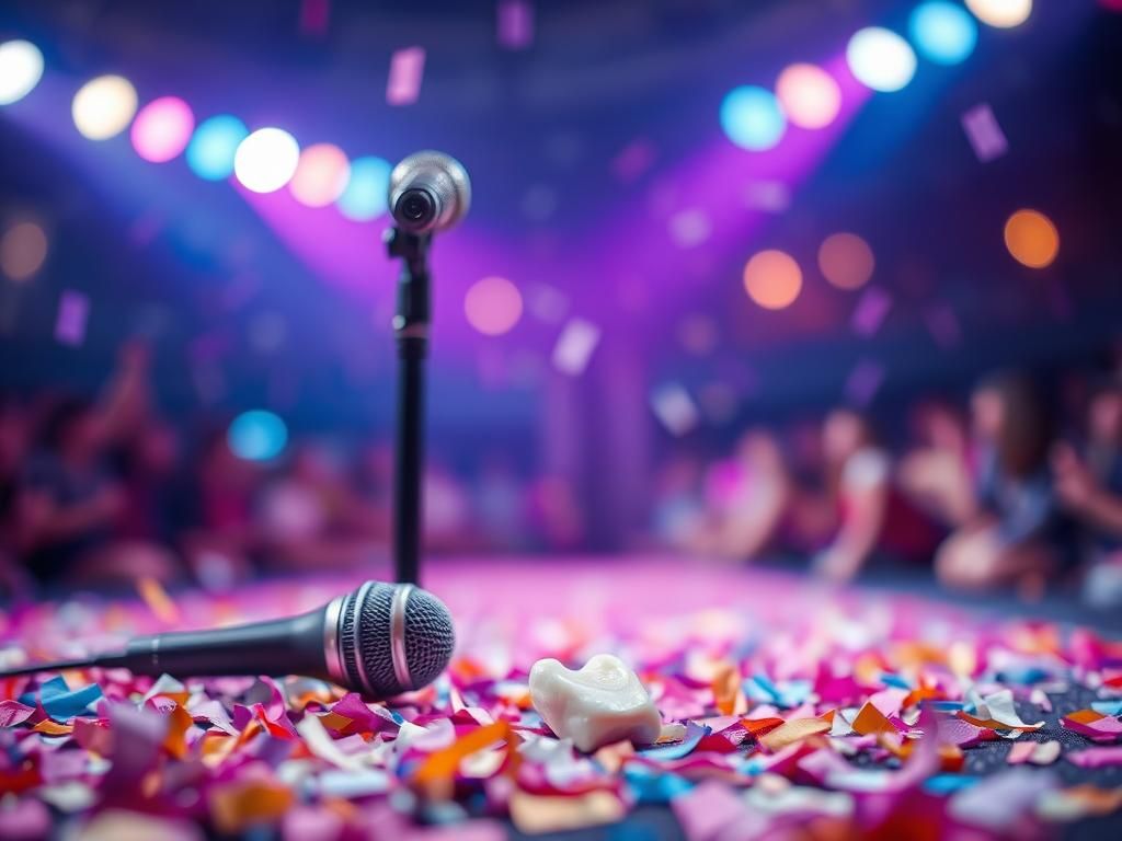 Flick International Audience perspective of a concert with confetti and a fallen artificial tooth symbolizing LeAnn Rimes' mishap