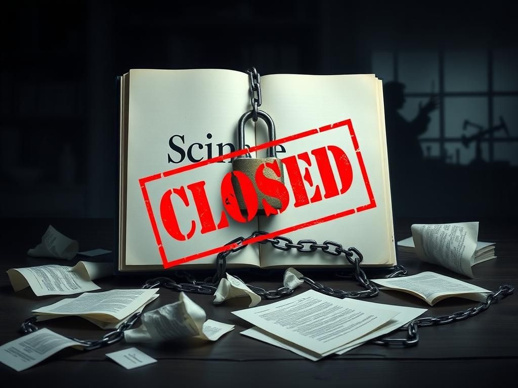 Flick International A closed book labeled 'Science' locked with a chain, symbolizing censorship in scientific publishing.
