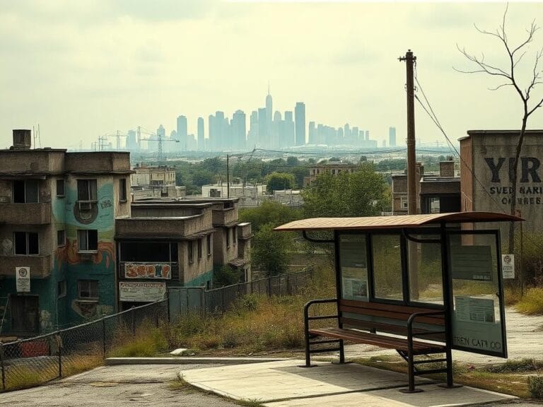Flick International A desolate urban landscape showing crumbling public housing and empty grocery store shelves, symbolizing the decay of Venezuela.