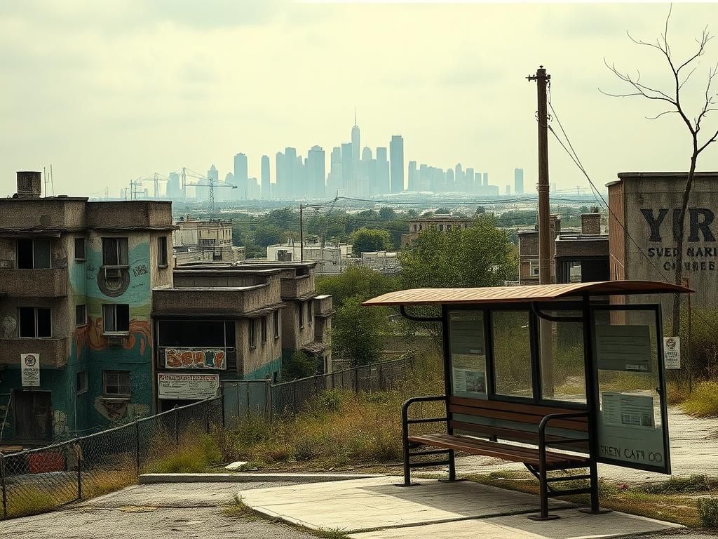 Flick International A desolate urban landscape showing crumbling public housing and empty grocery store shelves, symbolizing the decay of Venezuela.