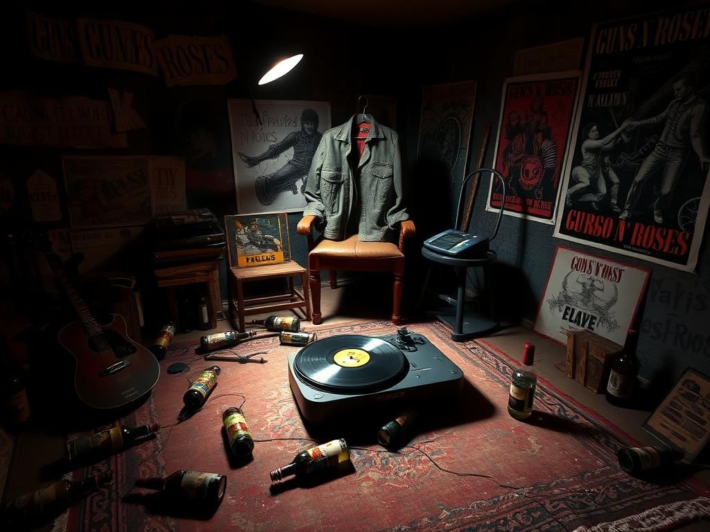 Flick International Vintage rock memorabilia in a dimly lit room reflecting the chaotic lifestyle of Guns N' Roses