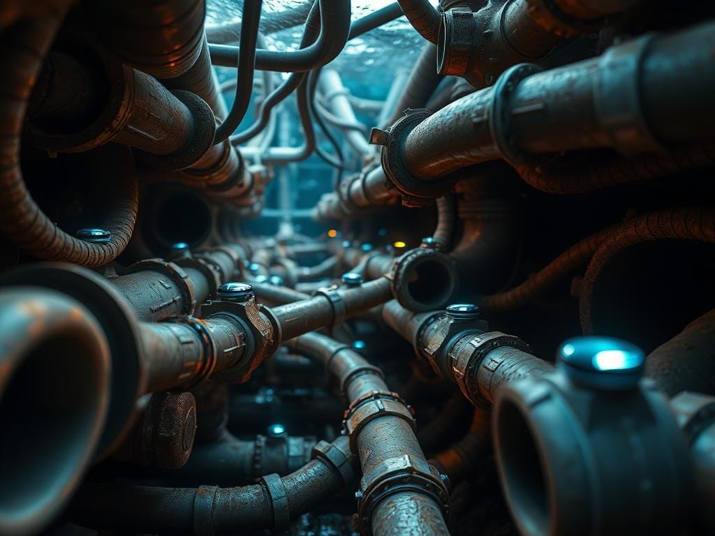 Flick International Close-up of advanced Pipebots navigating aged water pipes to detect leaks.