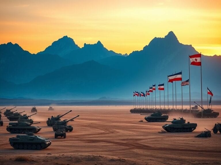 Flick International A dramatic military training ground at dawn with tanks and artillery in the foreground