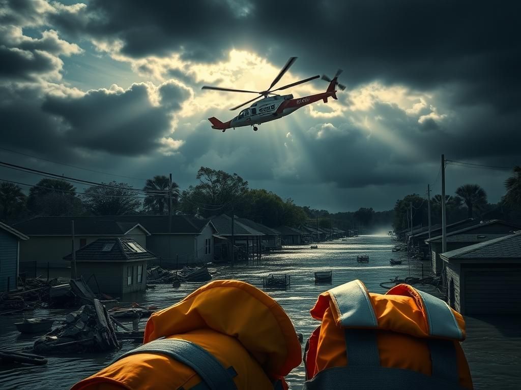 Flick International Coast Guard helicopter hovering over flooded Texas streets during rescue operations