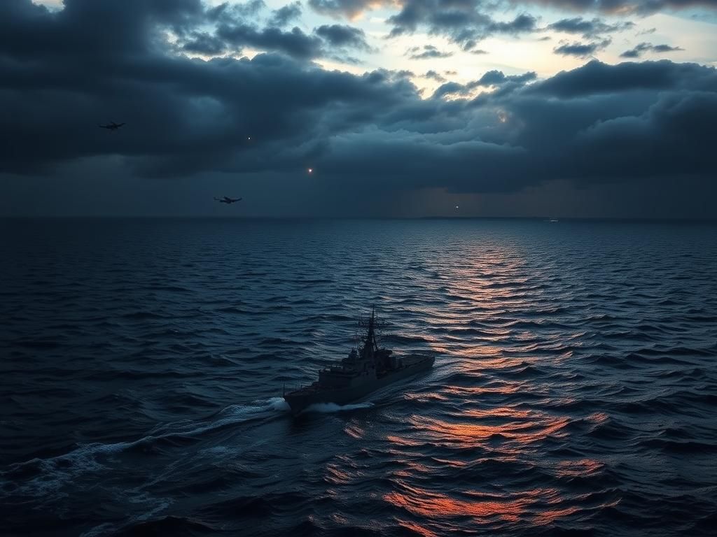 Flick International A dramatic aerial view of the Red Sea at twilight with a warship navigating turbulent waters
