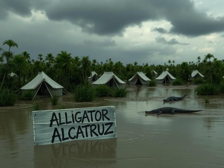 Flick International Makeshift detention facility surrounded by swampy vegetation with alligators